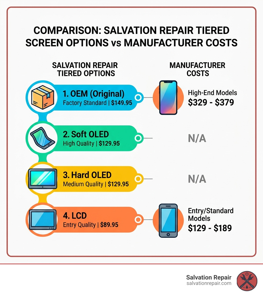 Comparison of Salvation Repair tiered options vs manufacturer costs - Best iPhone screen repair infographic 