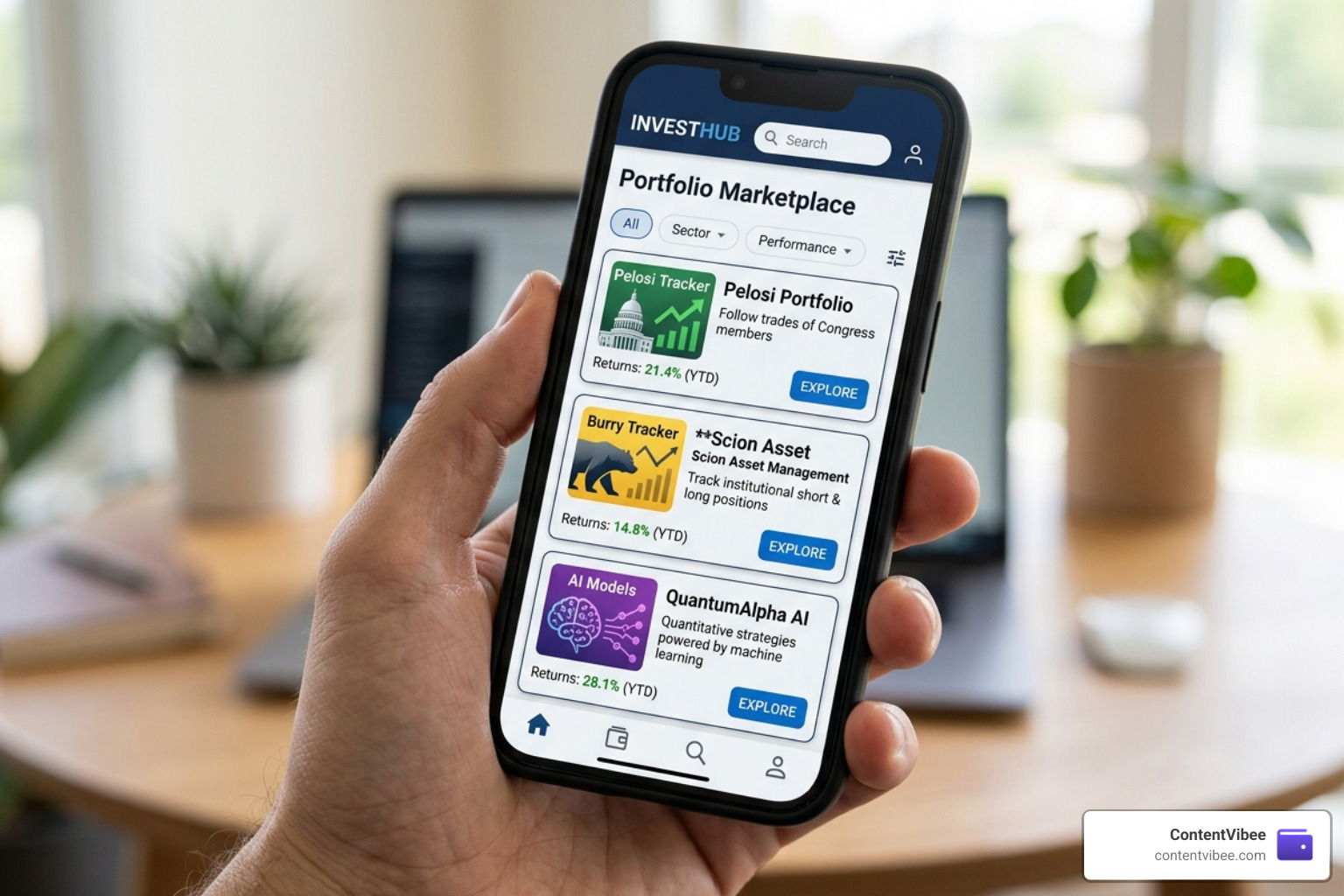 Mobile app marketplace featuring different investment Pilots like Pelosi, Burry, and AI models - Autopilot Investment App