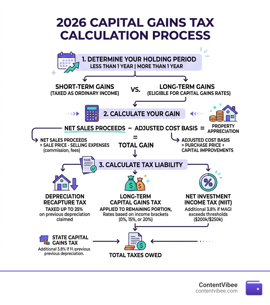 2026 capital gains tax calculation process for selling investment property infographic - Selling Investment Property Capital