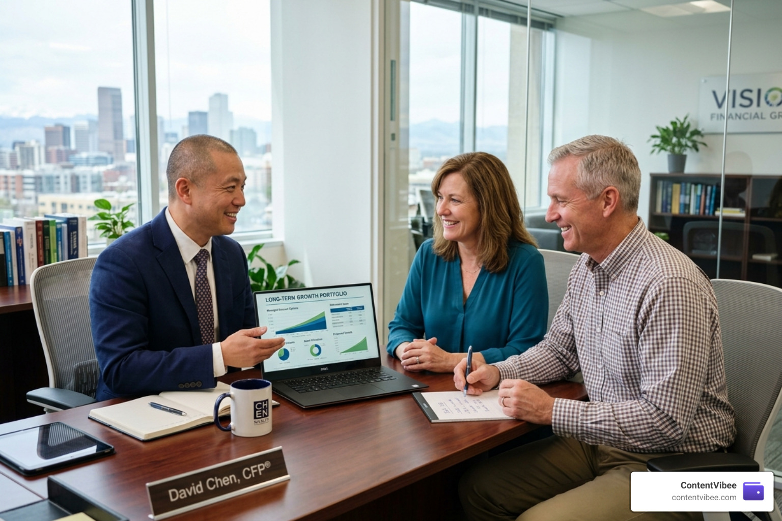 A financial advisor meeting with a couple to discuss their long-term goals and managed account options - Fidelity A financial advisor meeting with a couple to discuss their long-term goals and managed account options - Fidelity