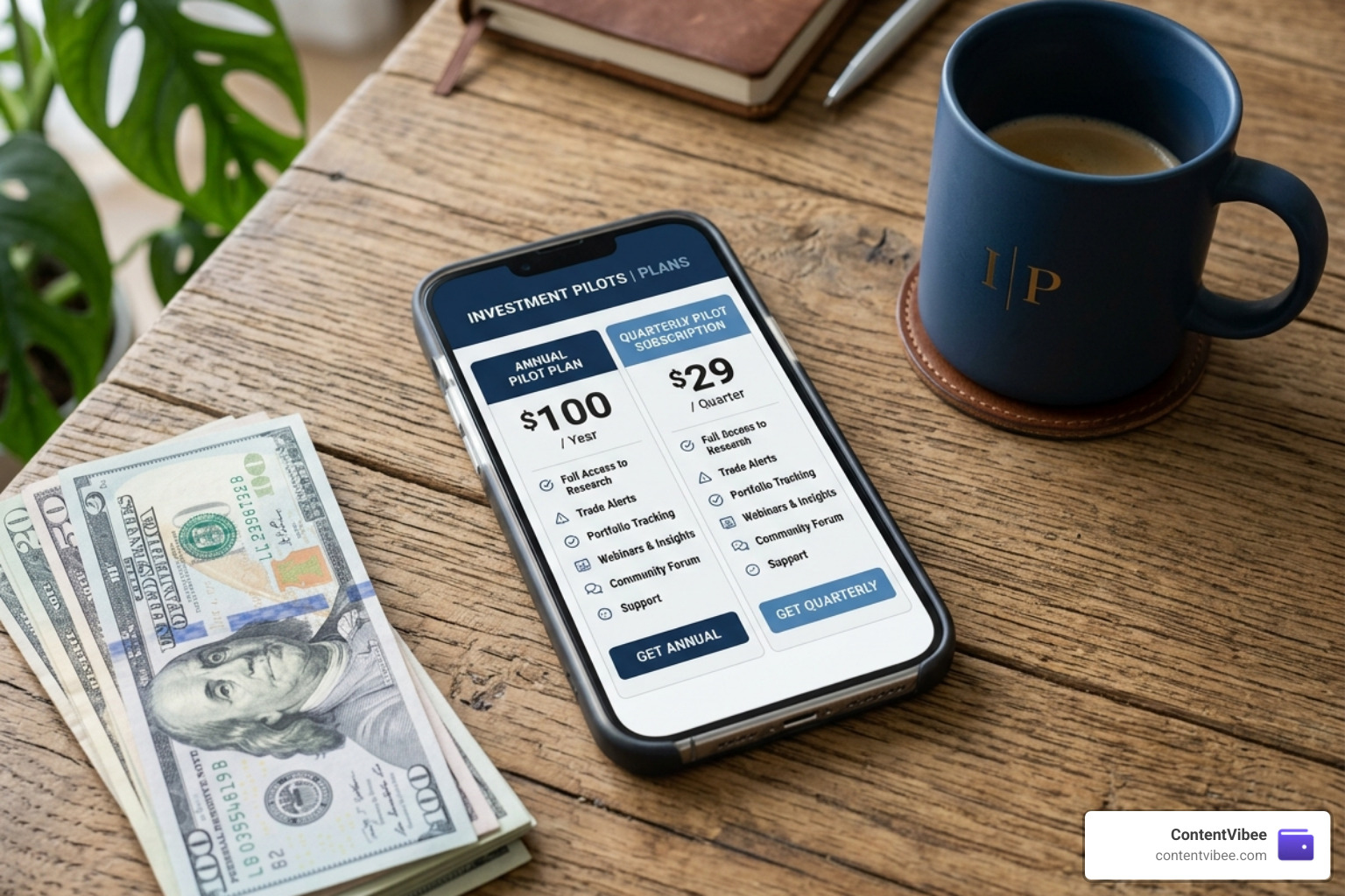 Pricing table showing $100 annual fee vs $29 quarterly subscription for investment pilots - Autopilot Investment App Fees