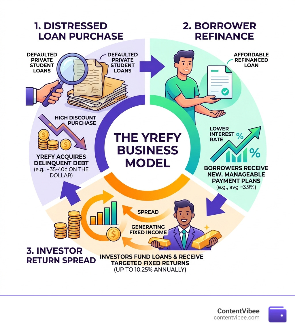Yrefy business model flow: distressed loan purchase, borrower refinance, investor return spread - Yrefy Investment Reviews
