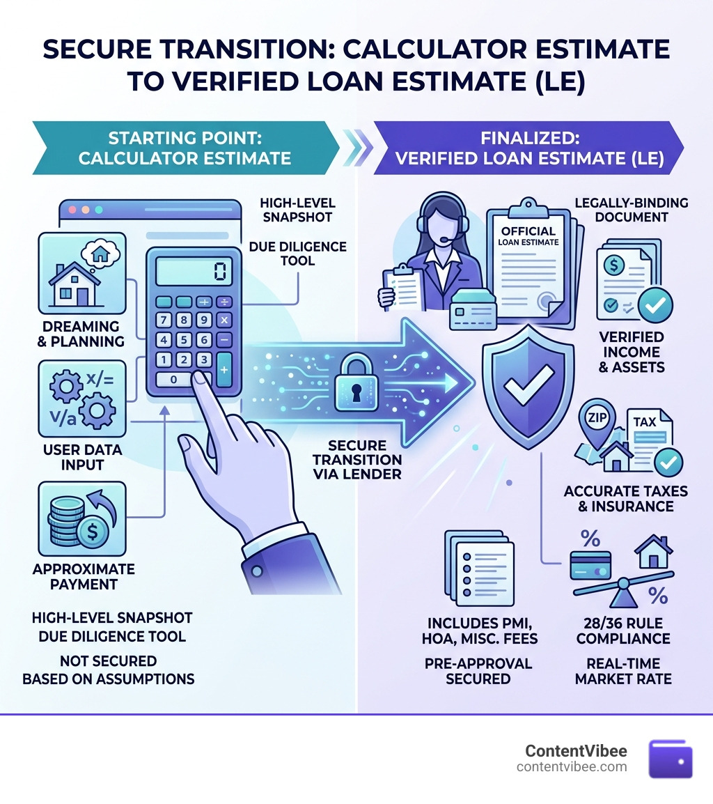 Infographic showing the secure transition from a calculator estimate to an official, verified Loan Estimate (LE) - Mortgage