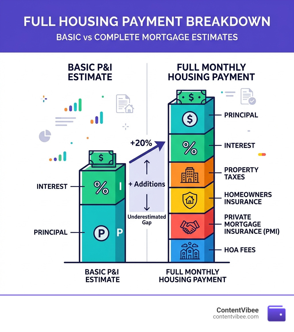 Infographic showing full monthly housing payment breakdown: Principal, Interest, Taxes, Insurance, PMI, and HOA vs basic P&I