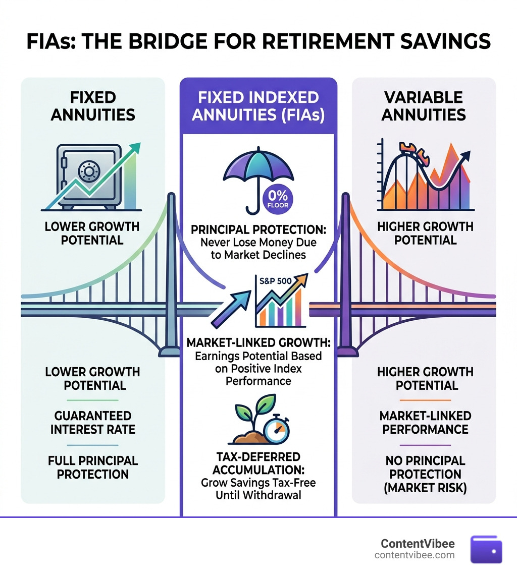 Infographic showing how FIAs bridge the gap between fixed and variable annuities with principal protection, market-linked