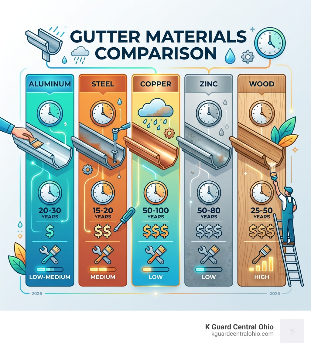 Comparison infographic of gutter materials showing lifespan, cost, and maintenance for aluminum, steel, copper, zinc, and Comparison infographic of gutter materials showing lifespan, cost, and maintenance for aluminum, steel, copper, zinc, and