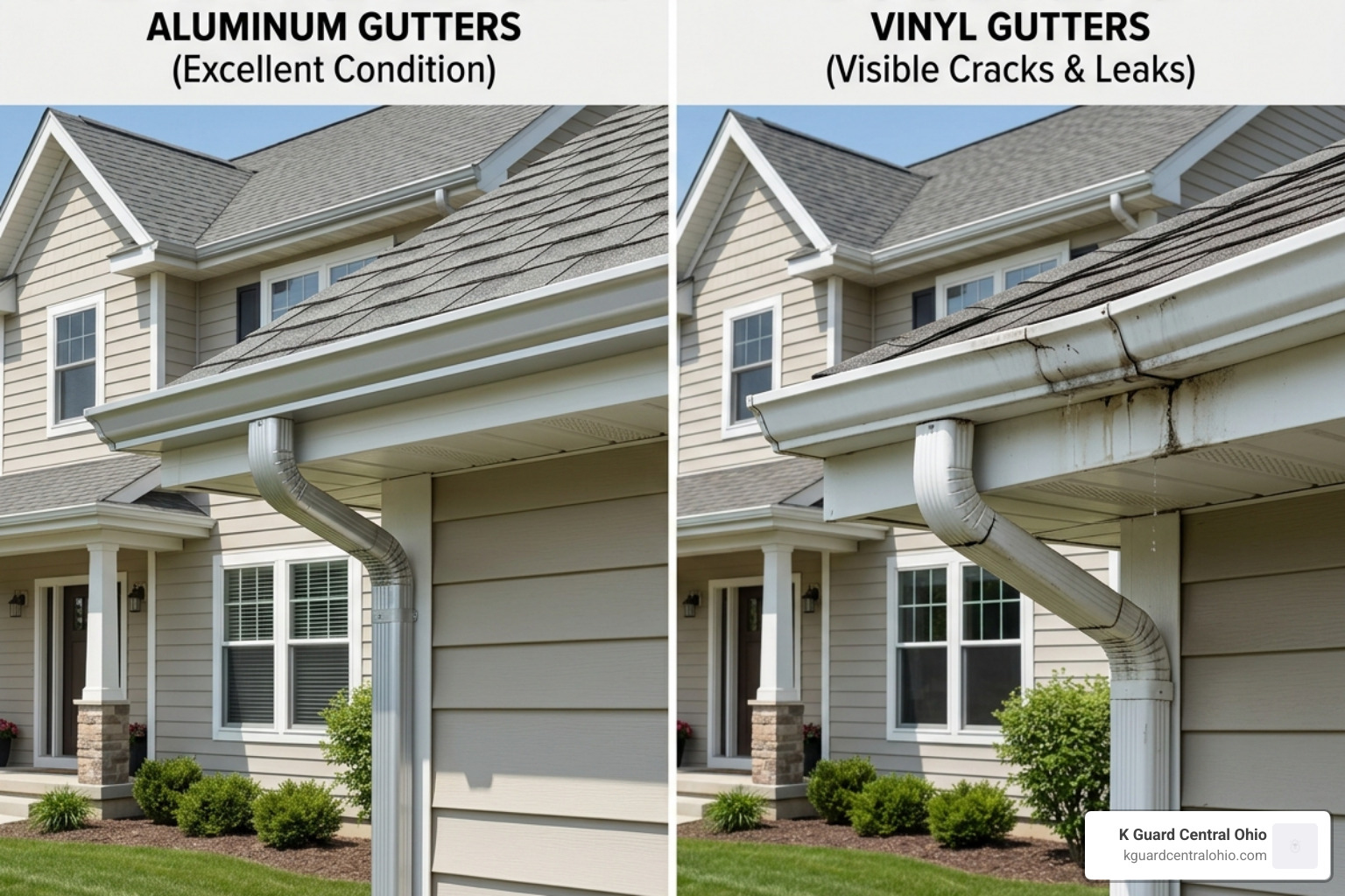 Side-by-side comparison of high-grade aluminum gutters vs. thin sectional vinyl gutters - gutter materials Side-by-side comparison of high-grade aluminum gutters vs. thin sectional vinyl gutters - gutter materials