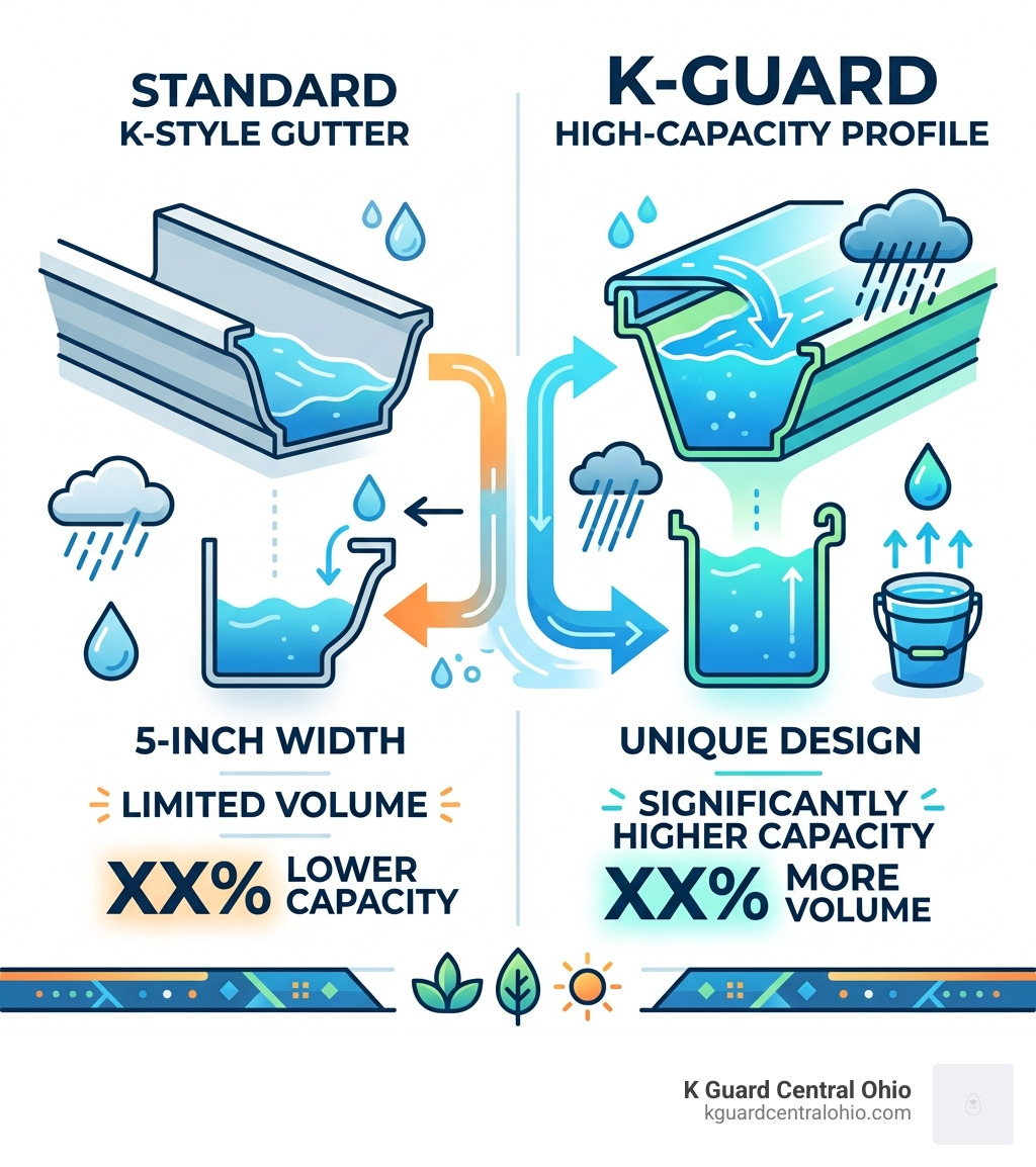 K-Guard high-capacity profile vs. standard K-style gutter capacity infographic - gutter materials infographic K-Guard high-capacity profile vs. standard K-style gutter capacity infographic - gutter materials infographic