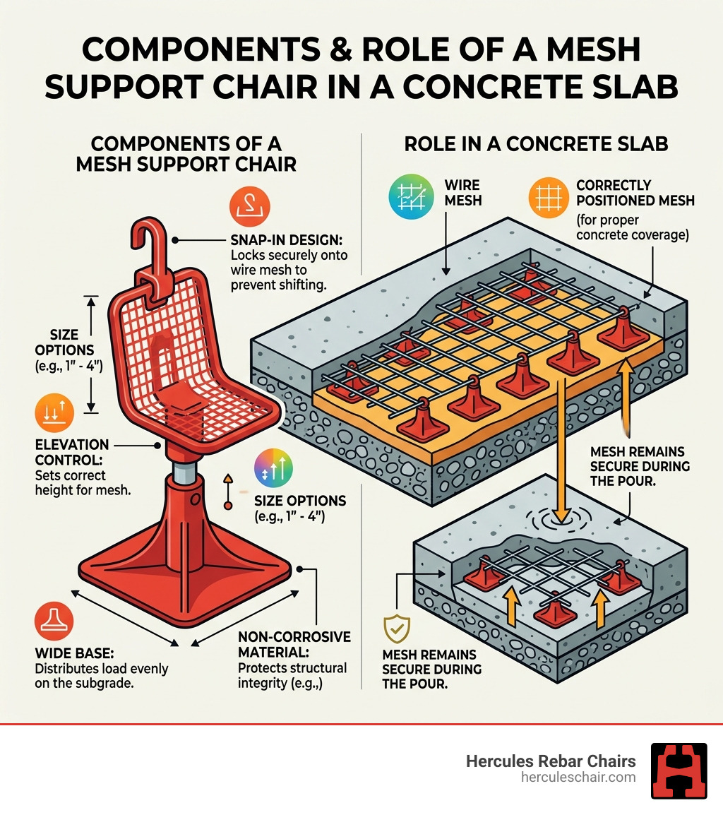 Infographic showing components of a mesh support chair and its role in a concrete slab - Mesh support chairs infographic 