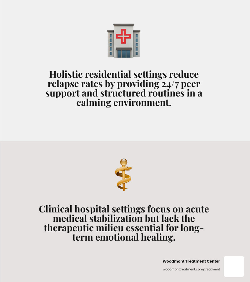 Graphic showing the benefits of Woodmont Treatment Center's holistic approach vs clinical hospital settings - 24 hour