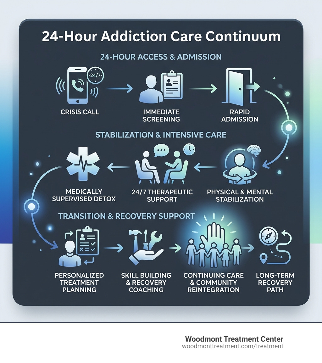 Infographic showing the 24-hour addiction care continuum from crisis call to stabilization and recovery - 24 hour addiction