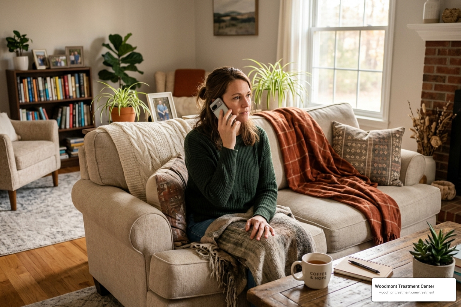 A person making a courageous first call for help in a comfortable room - 24 hour addiction care