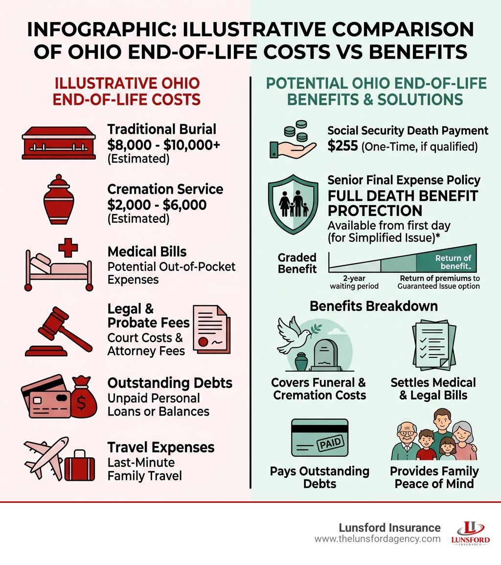 Infographic: Illustrative comparison of Ohio end-of-life costs vs benefits - senior final expense policy infographic 