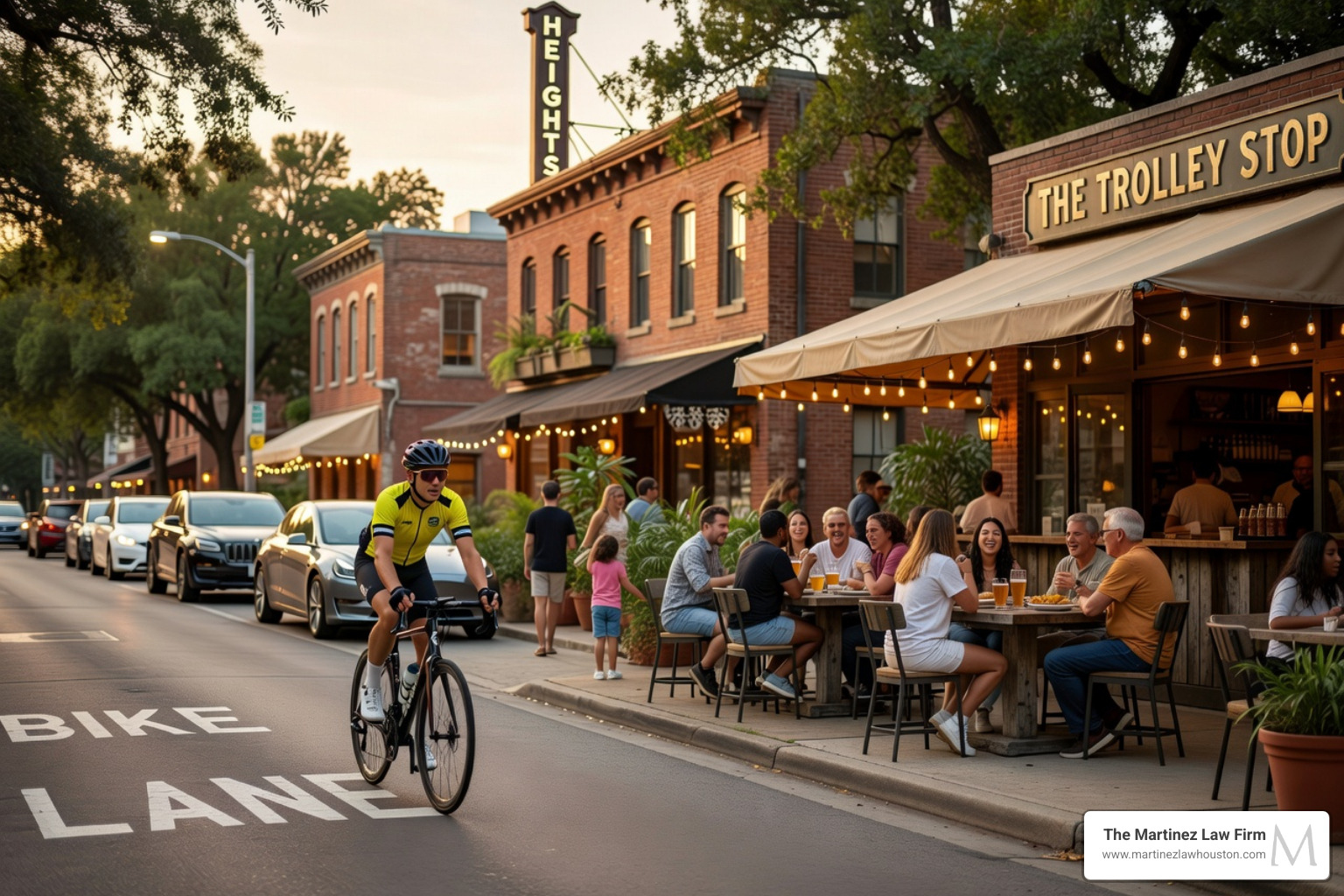 cyclist riding past a busy patio bar in Houston Heights - can you get a DUI on a bike cyclist riding past a busy patio bar in Houston Heights - can you get a DUI on a bike