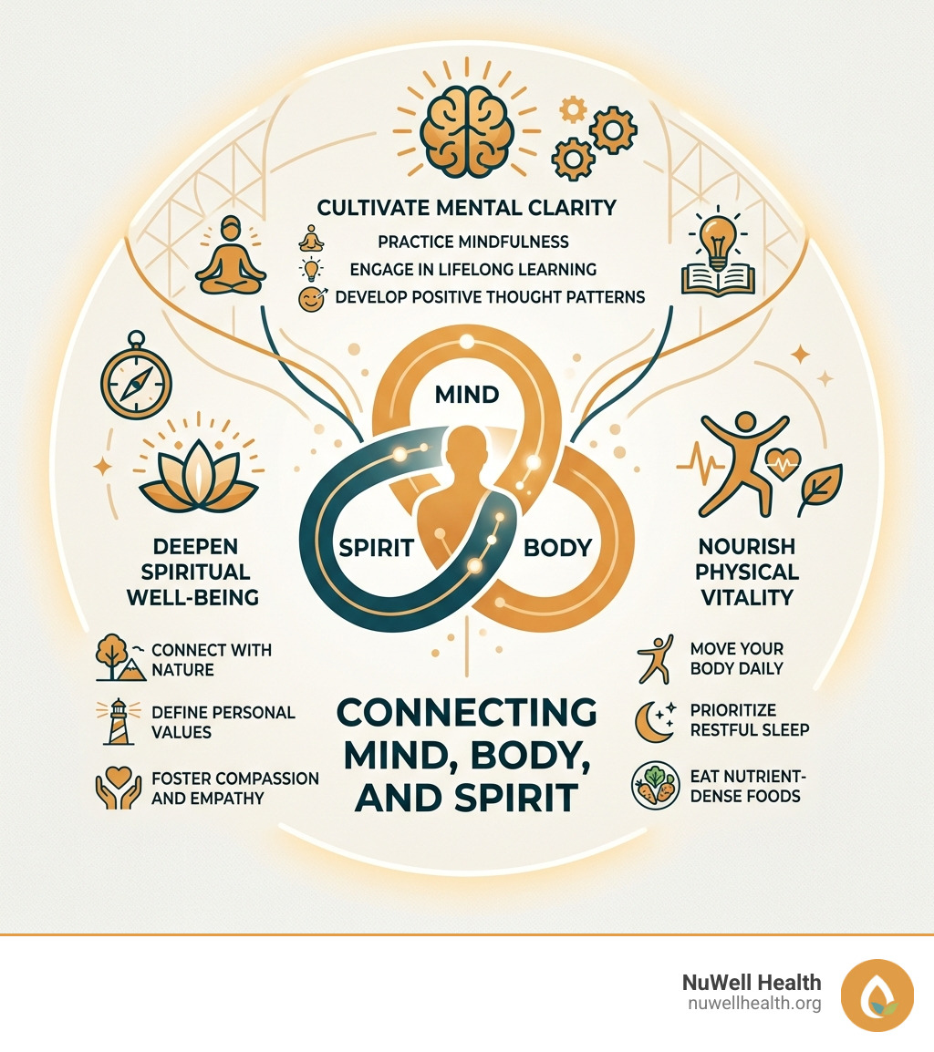 Three pillars of wellness: mind, body, and spirit with key practices for each dimension - connecting mind body and spirit