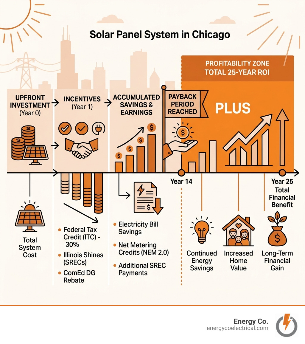 Infographic showing the 25-year ROI of a Chicago solar system with a 14-year payback period - Solar panel wiring Chicago