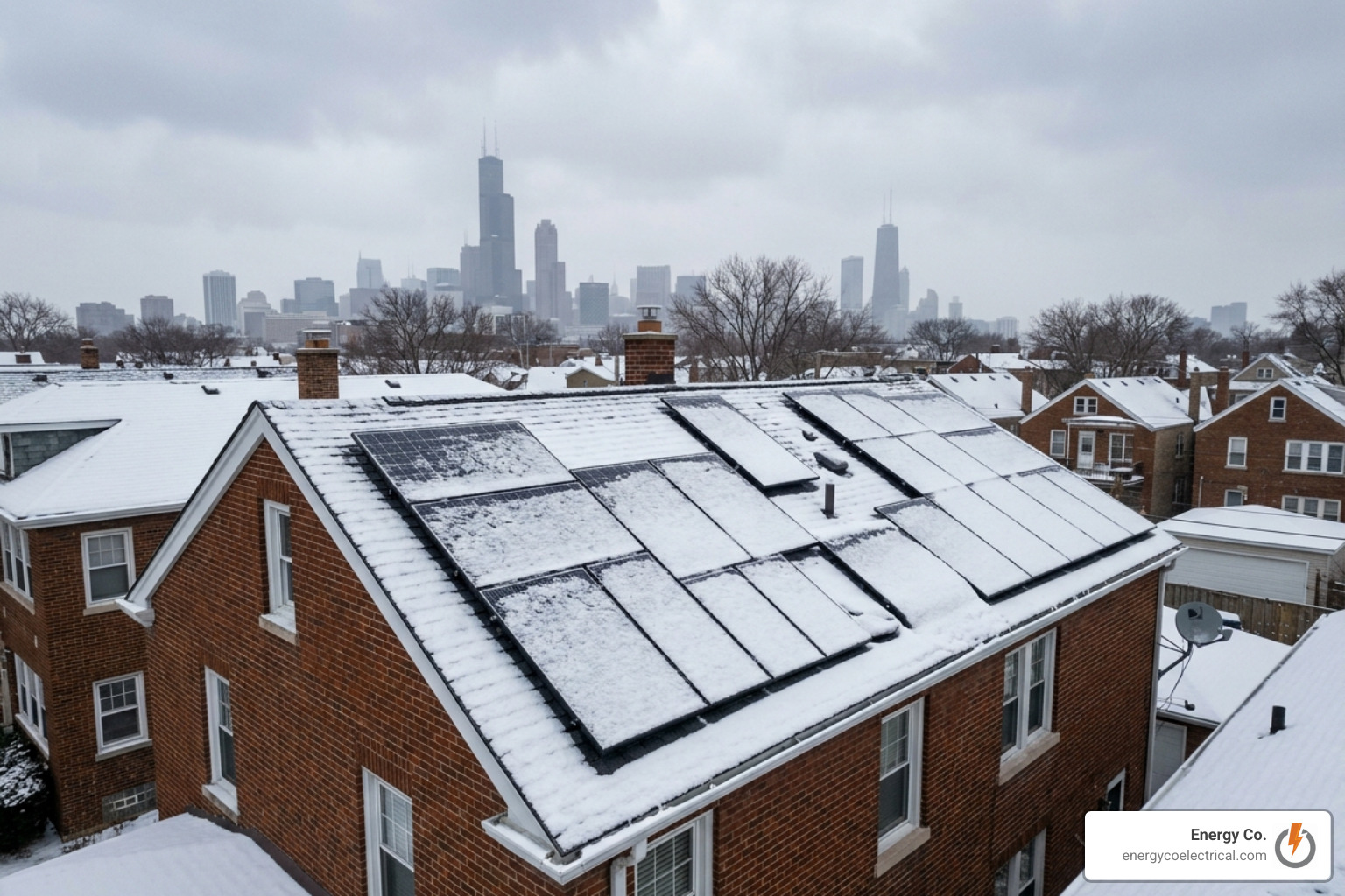 Solar panels on a Chicago roof covered in a light dusting of snow - Solar panel wiring Chicago