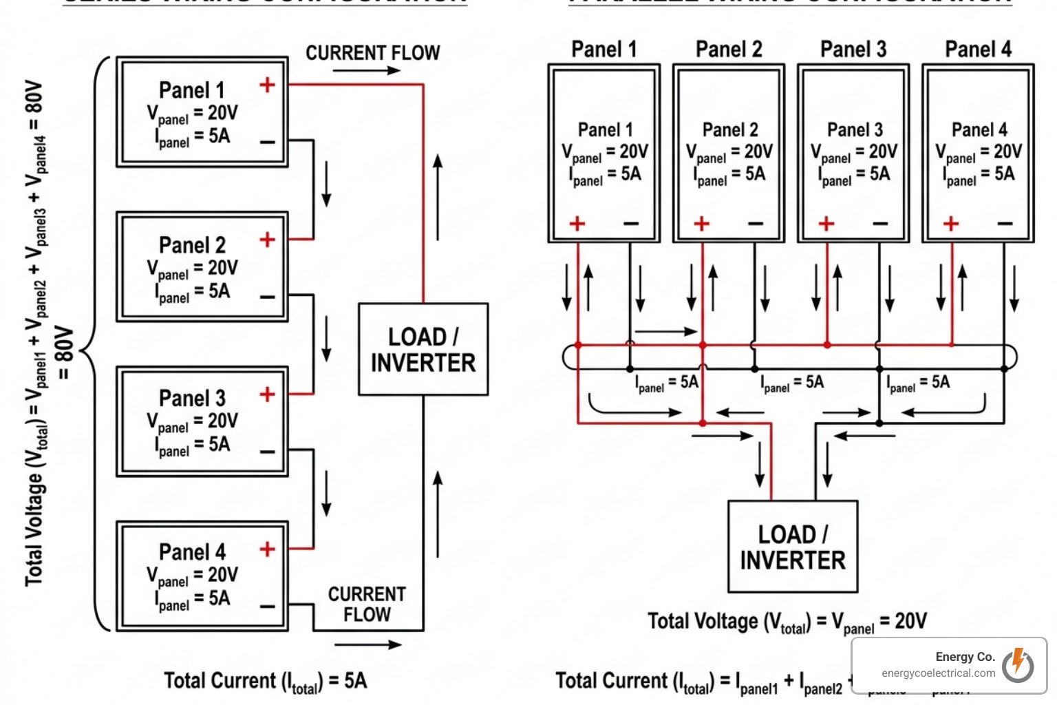 Diagram showing series wiring vs parallel wiring for solar panels - Solar panel wiring Chicago