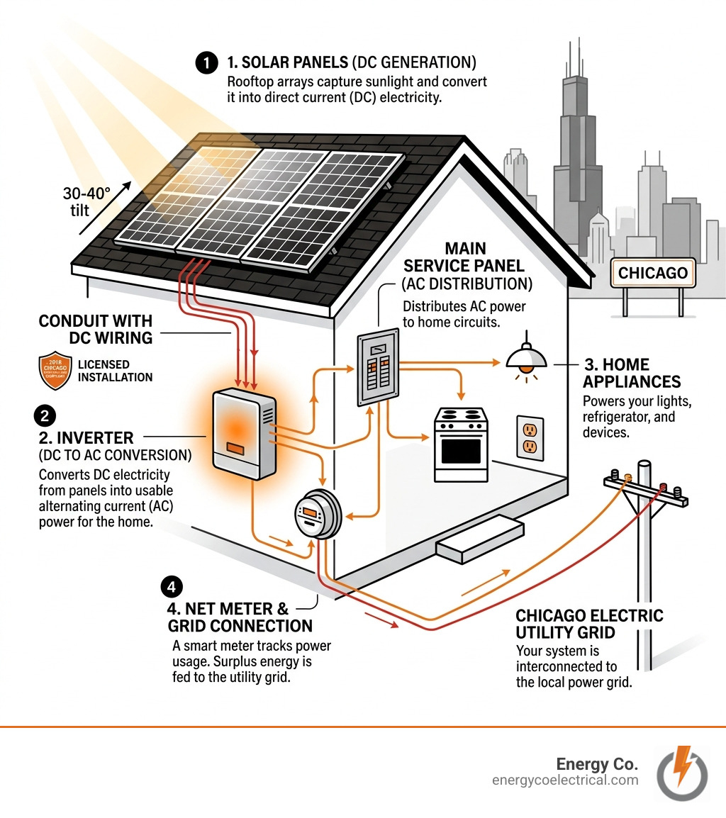 Infographic showing solar energy flow from rooftop panels through inverter to Chicago home grid connection - Solar panel