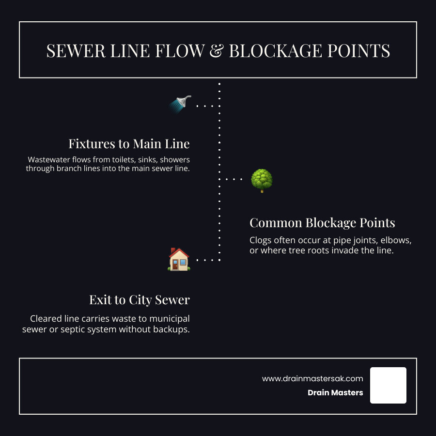 Infographic showing sewer line flow from home fixtures to main line with common blockage points labeled - clearing a clogged