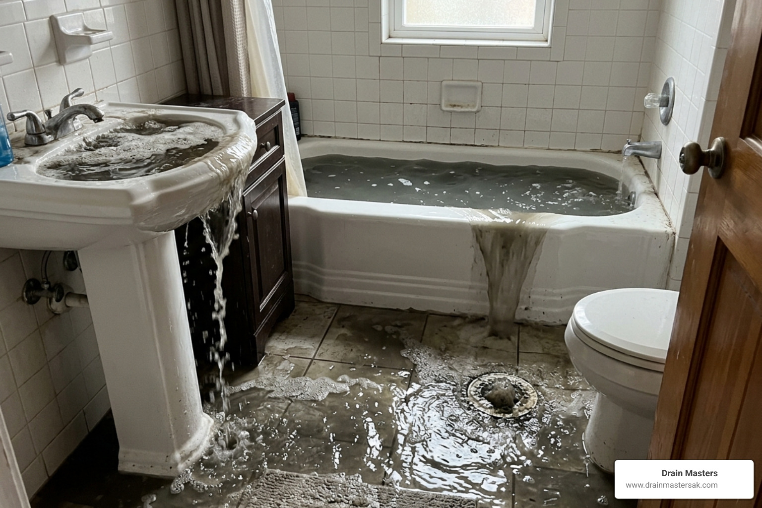 multiple drains backing up in a home bathroom - clearing a clogged sewer line