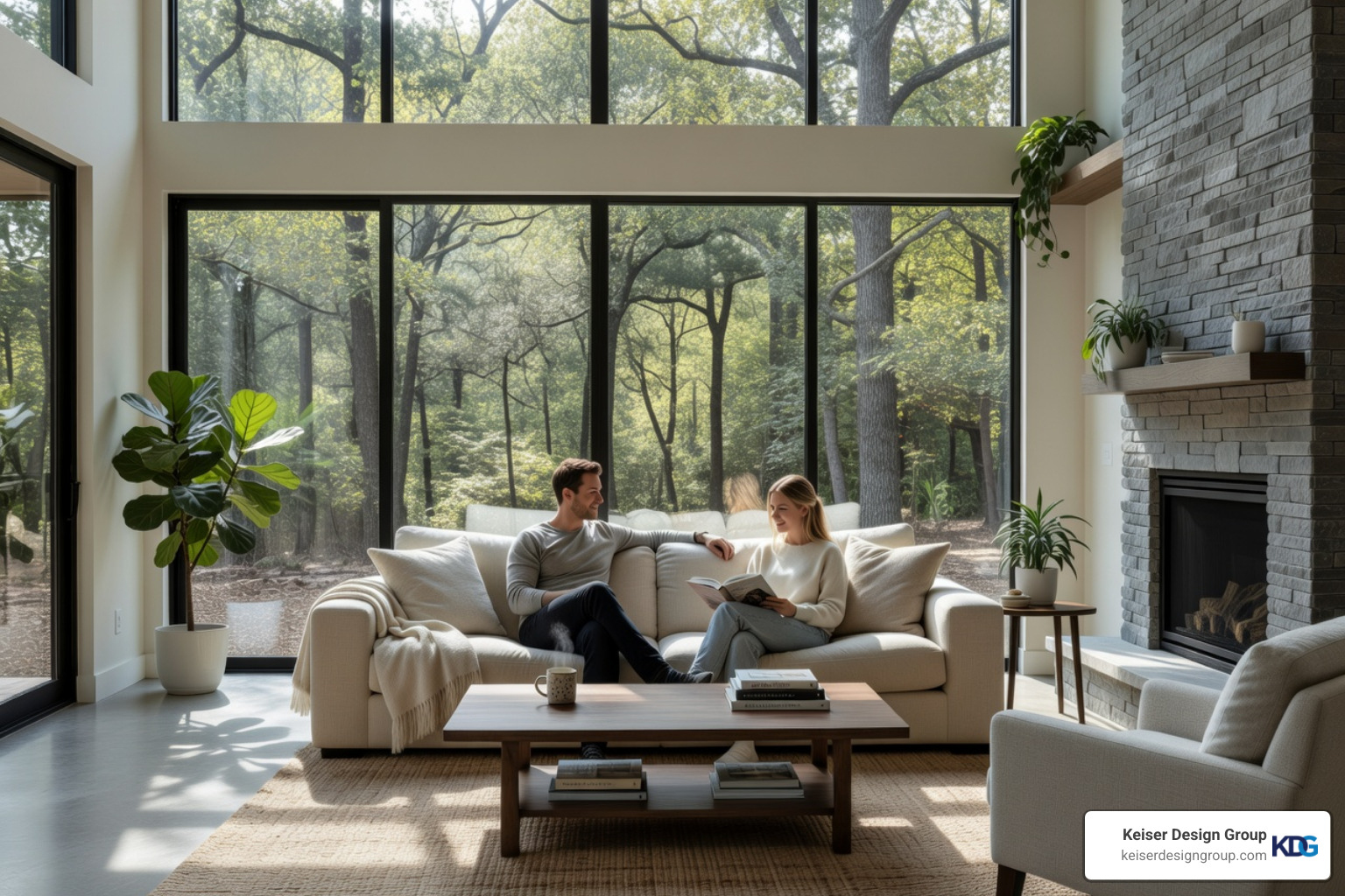 living room with floor-to-ceiling glass walls overlooking a lush wooded landscape - Modern Home Design