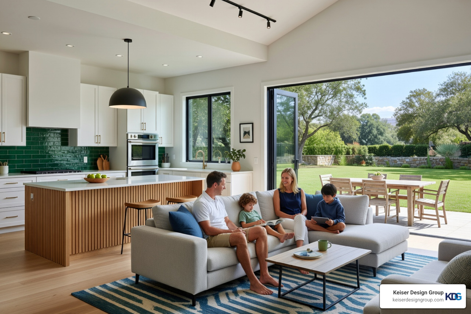 open-concept kitchen and living area with large glass doors opening to a backyard patio - Modern Home Design