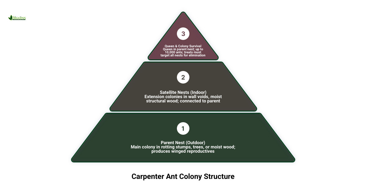 Carpenter ant colony structure showing parent nest outdoors and satellite nests indoors - carpenter ant nest treatment