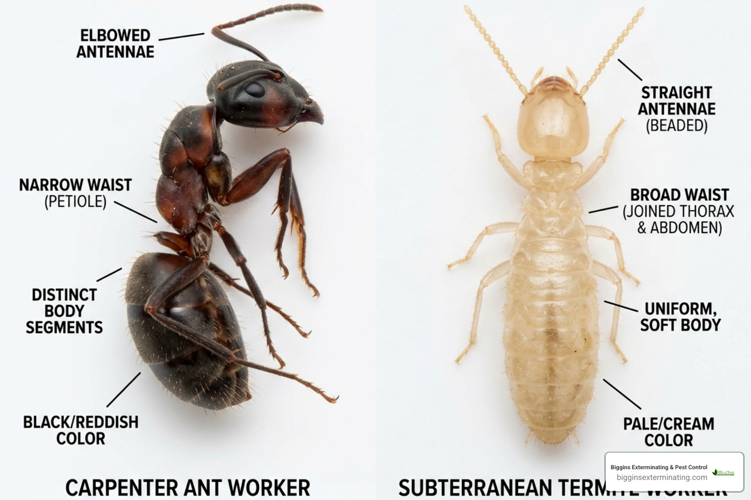 side-by-side physical comparison of a carpenter ant and a subterranean termite - carpenter ants vs termites