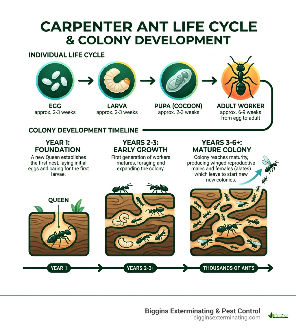 Carpenter ant life cycle infographic from egg to mature colony with timeline and key stages - carpenter ant extermination