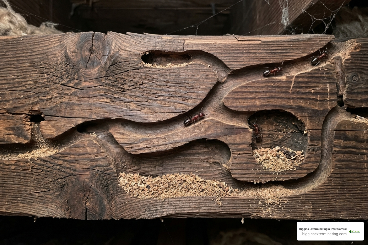 Intricate carpenter ant galleries inside a structural wood joist - carpenter ant extermination near me