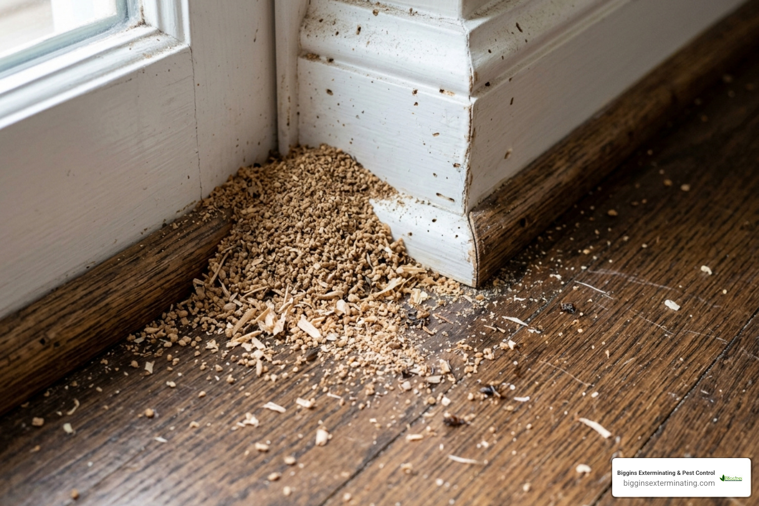 Sawdust-like frass piles near a wooden baseboard indicating carpenter ant activity - carpenter ant extermination near me