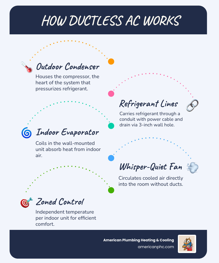 Infographic showing how ductless AC connects indoor air handler to outdoor compressor unit with refrigerant lines - ductless Infographic showing how ductless AC connects indoor air handler to outdoor compressor unit with refrigerant lines - ductless