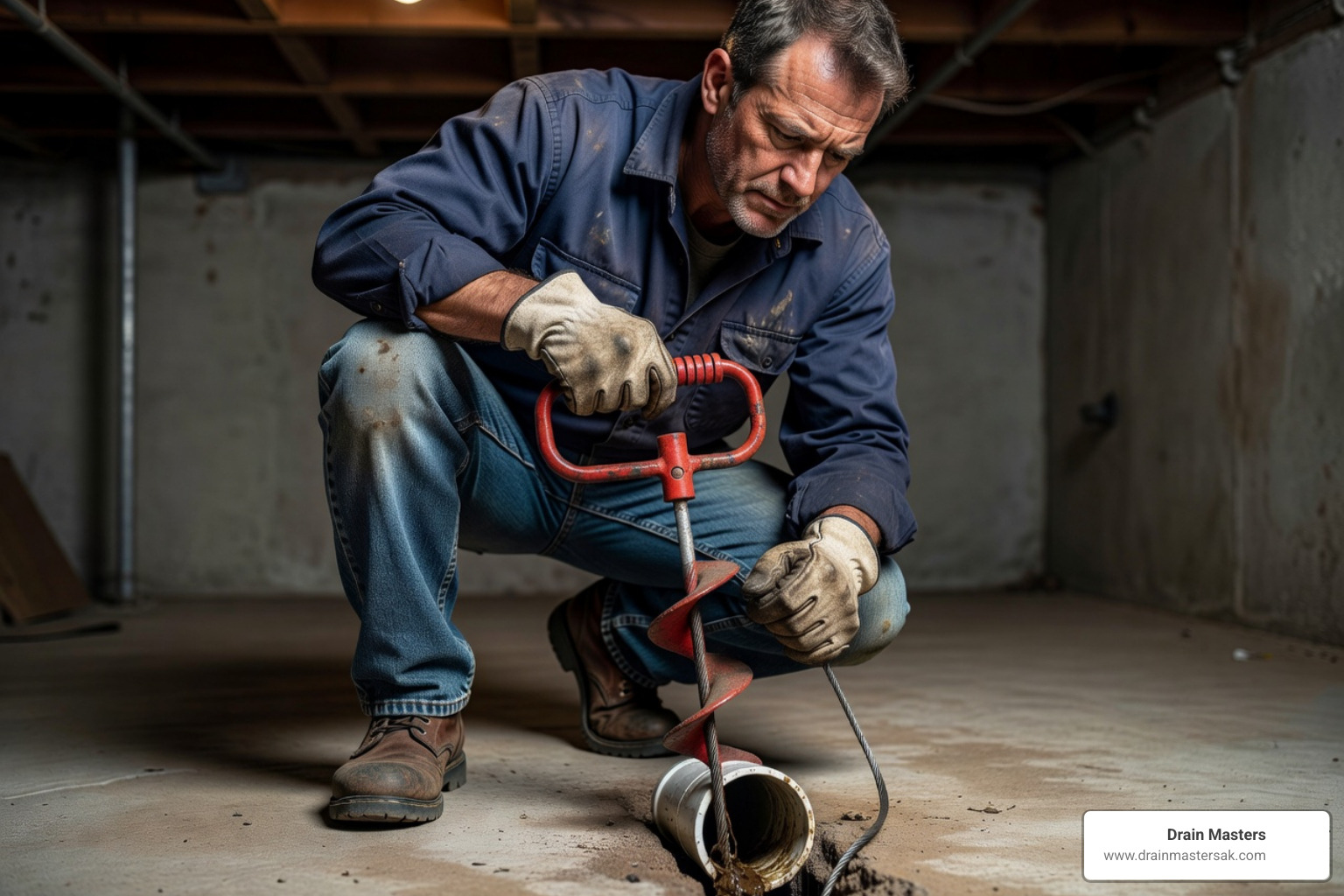 using a plumbing auger to clear a main sewer line - clearing a clogged sewer line