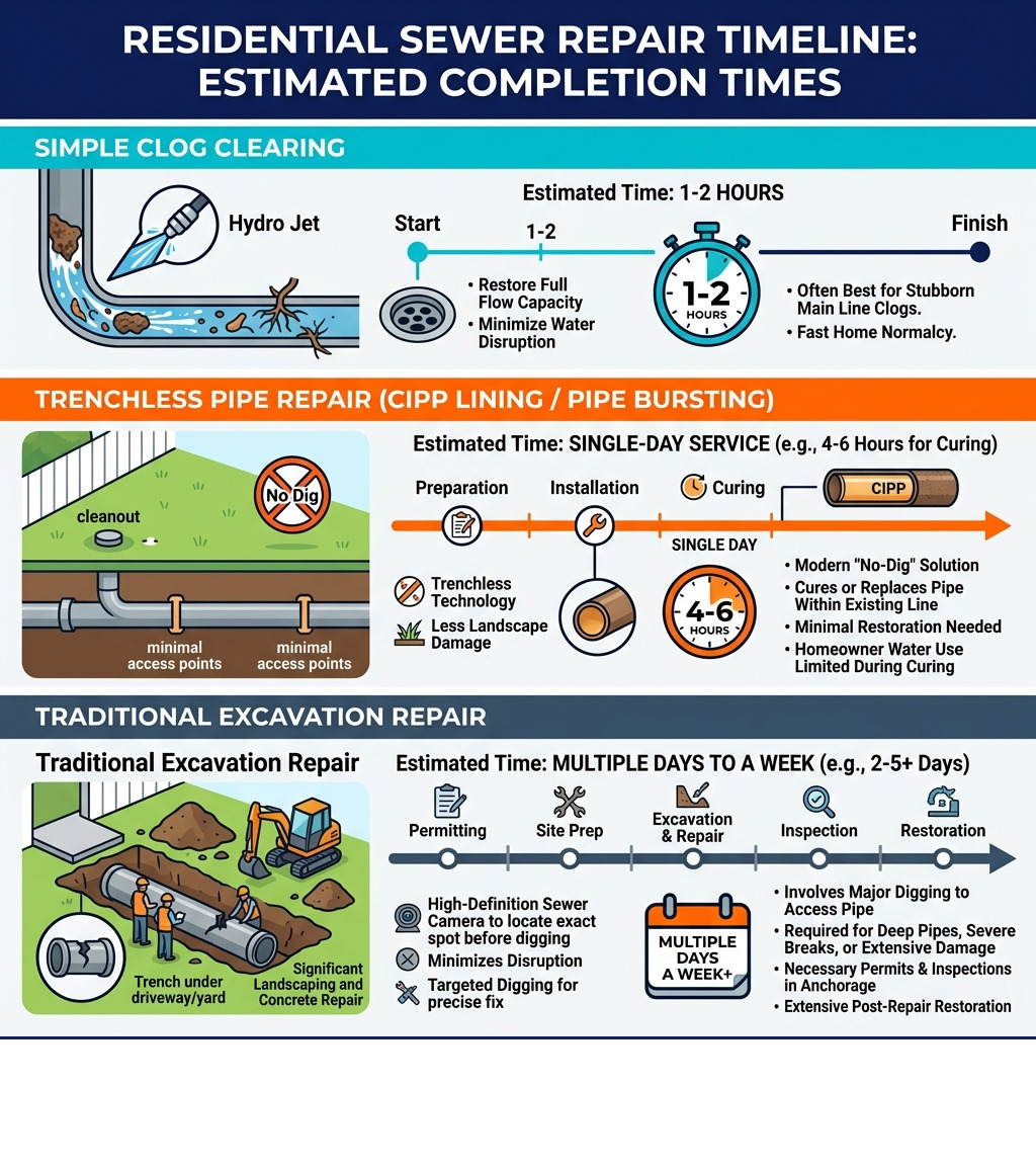 Infographic showing the average timeline for different sewer repair methods - residential sewer repair infographic Infographic showing the average timeline for different sewer repair methods - residential sewer repair infographic