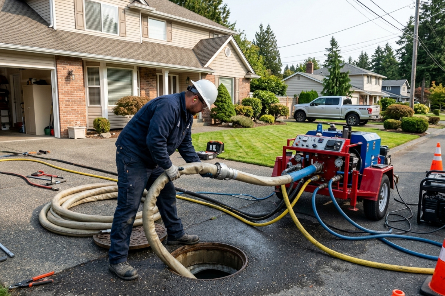 A technician setting up a trenchless pipe lining system near a residential home - residential sewer repair A technician setting up a trenchless pipe lining system near a residential home - residential sewer repair