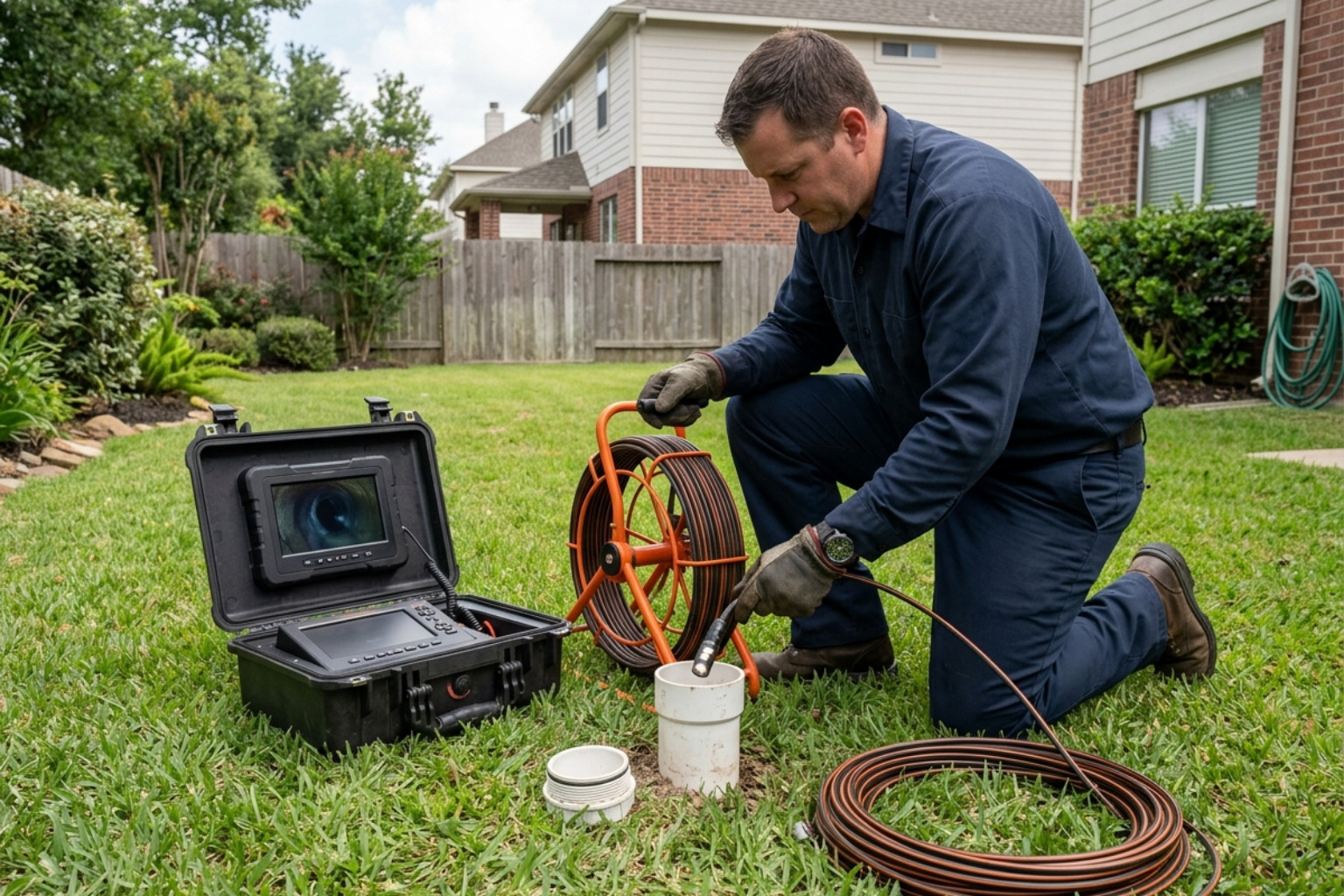 A high-definition sewer camera being inserted into a cleanout for diagnostic purposes - residential sewer repair A high-definition sewer camera being inserted into a cleanout for diagnostic purposes - residential sewer repair