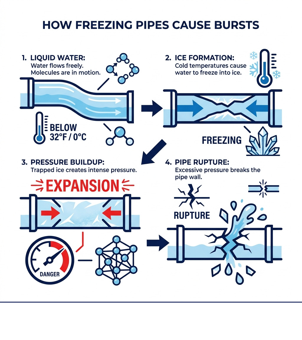 Infographic showing how water expansion inside pipes causes pressure buildup and pipe ruptures in freezing temperatures