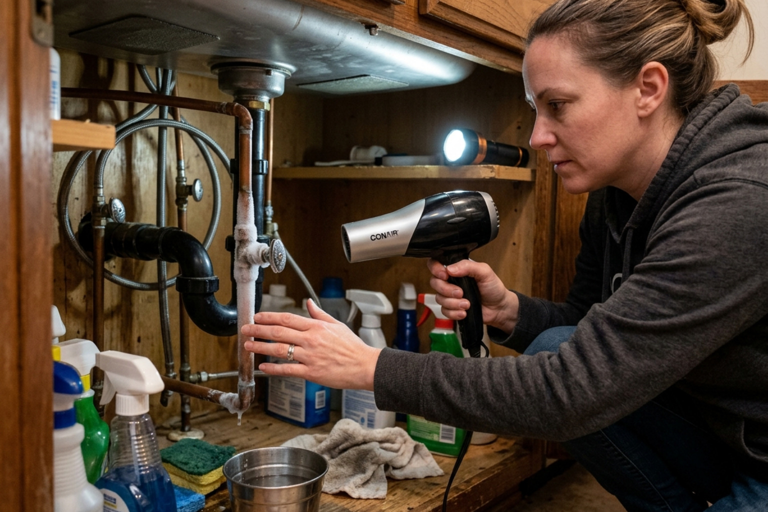 Homeowner using a hair dryer to carefully apply heat to a frozen section of copper pipe under a sink - frozen water pipe