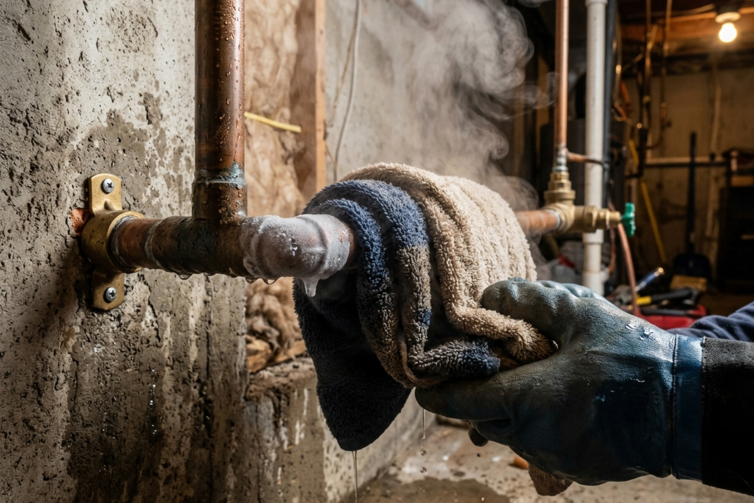 A frozen pipe wrapped in warm, steaming towels to slowly melt an internal ice blockage - frozen water pipe repair