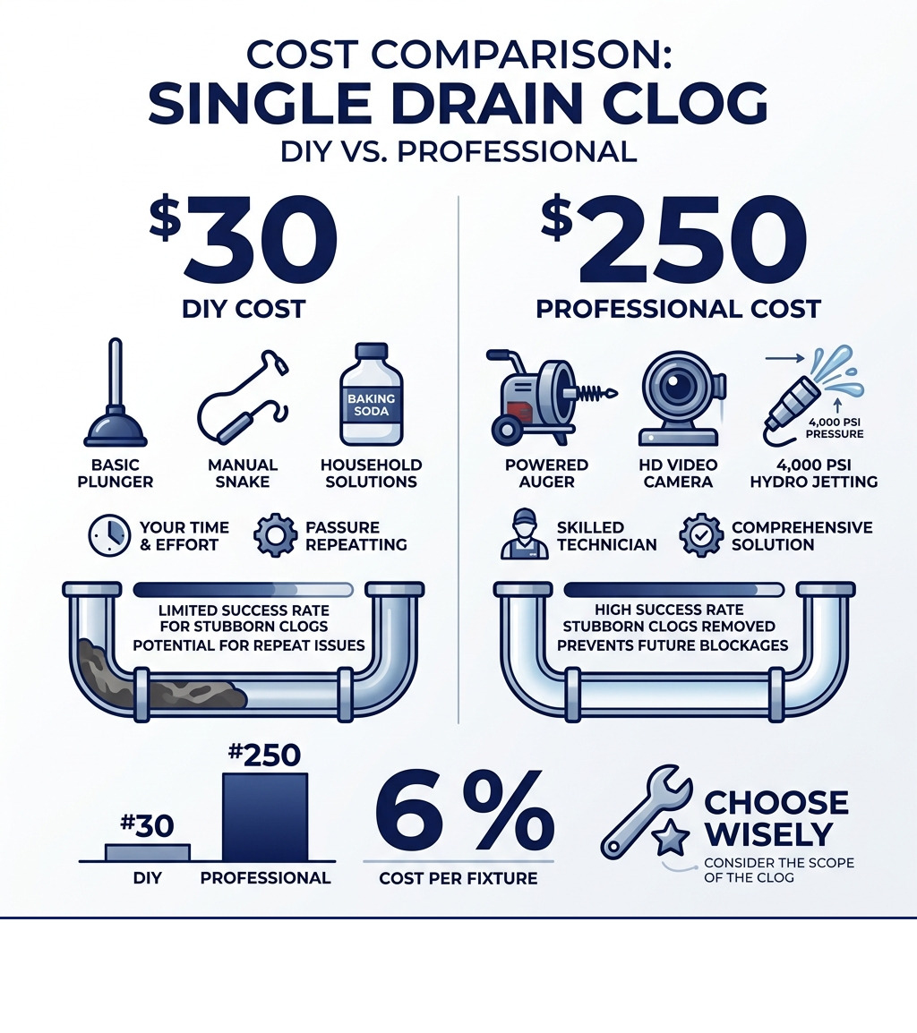 Graphic showing DIY cost savings: DIY $30 vs Professional $250 for single fixtures - clearing stubborn drain clogs