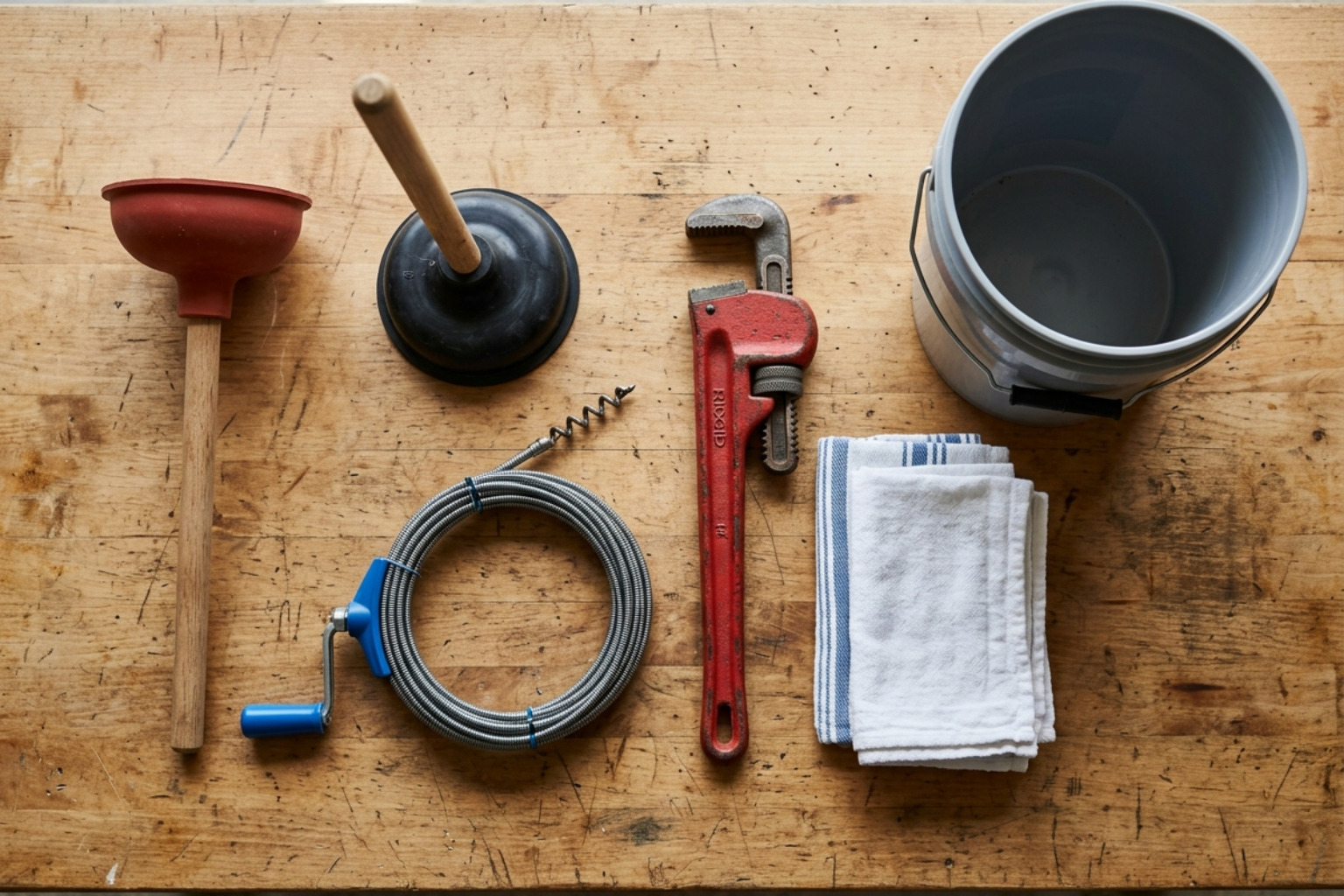 Essential plumbing tools for homeowners: various plungers, a hand snake, and a bucket - clearing stubborn drain clogs