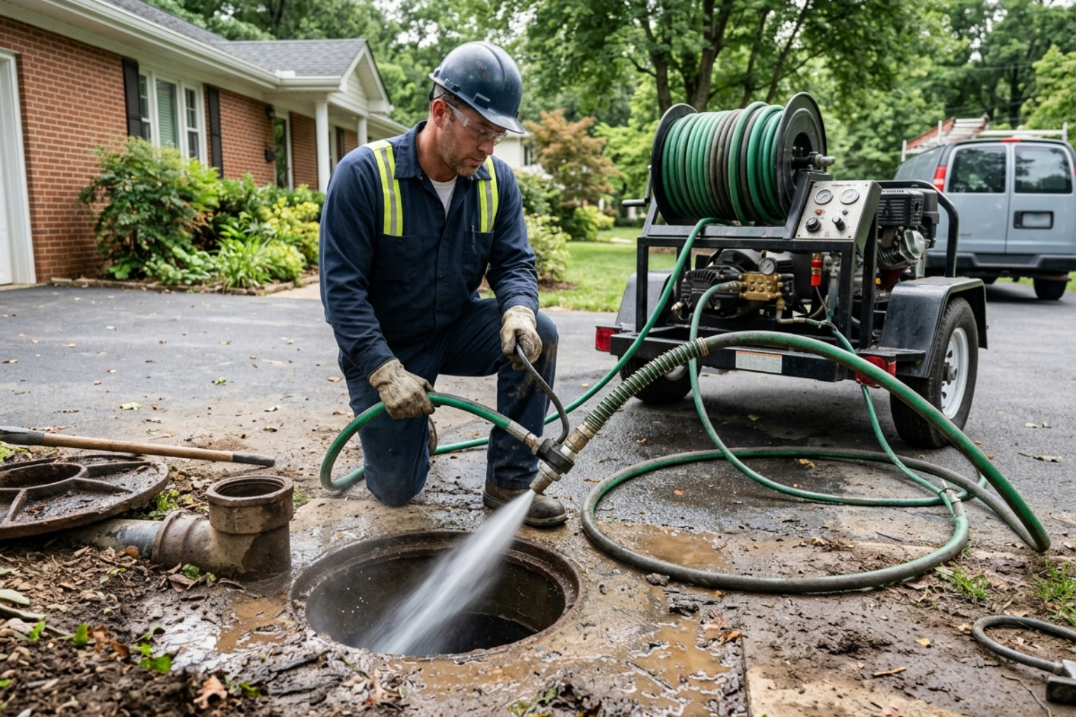 Professional plumber using a hydro jetting machine to clean a main sewer line - clearing stubborn drain clogs