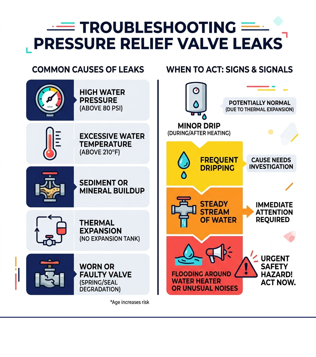 infographic showing causes of pressure relief valve leaks and when to act - pressure relief valve leaks infographic 
