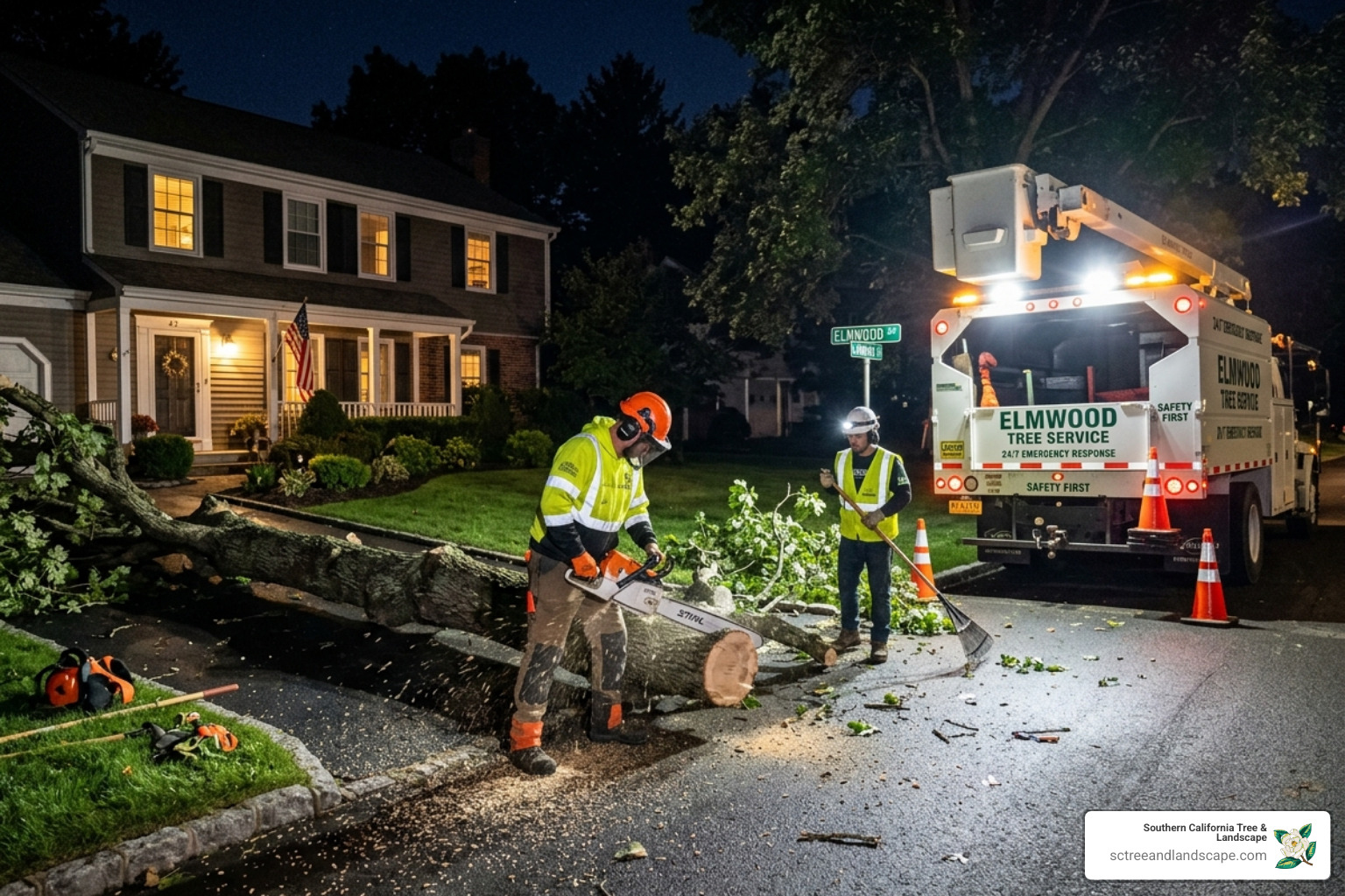 tree crew working with emergency lighting at night on a fallen limb - 24 hour emergency tree removal
