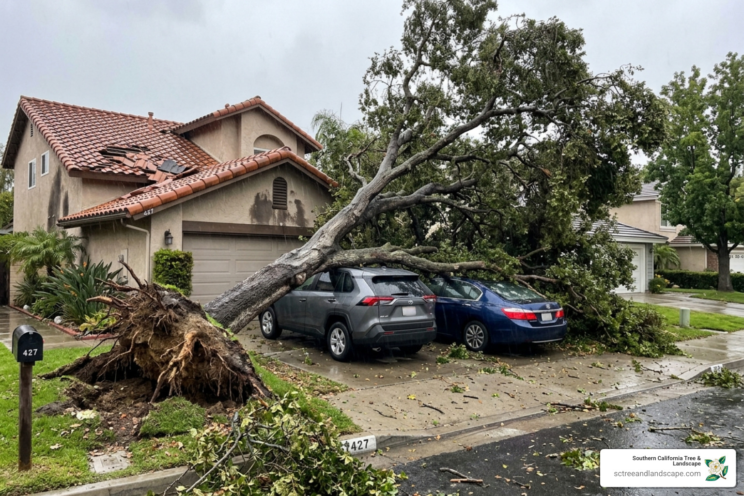 large oak tree blocking a suburban driveway after a storm - 24 hour emergency tree removal