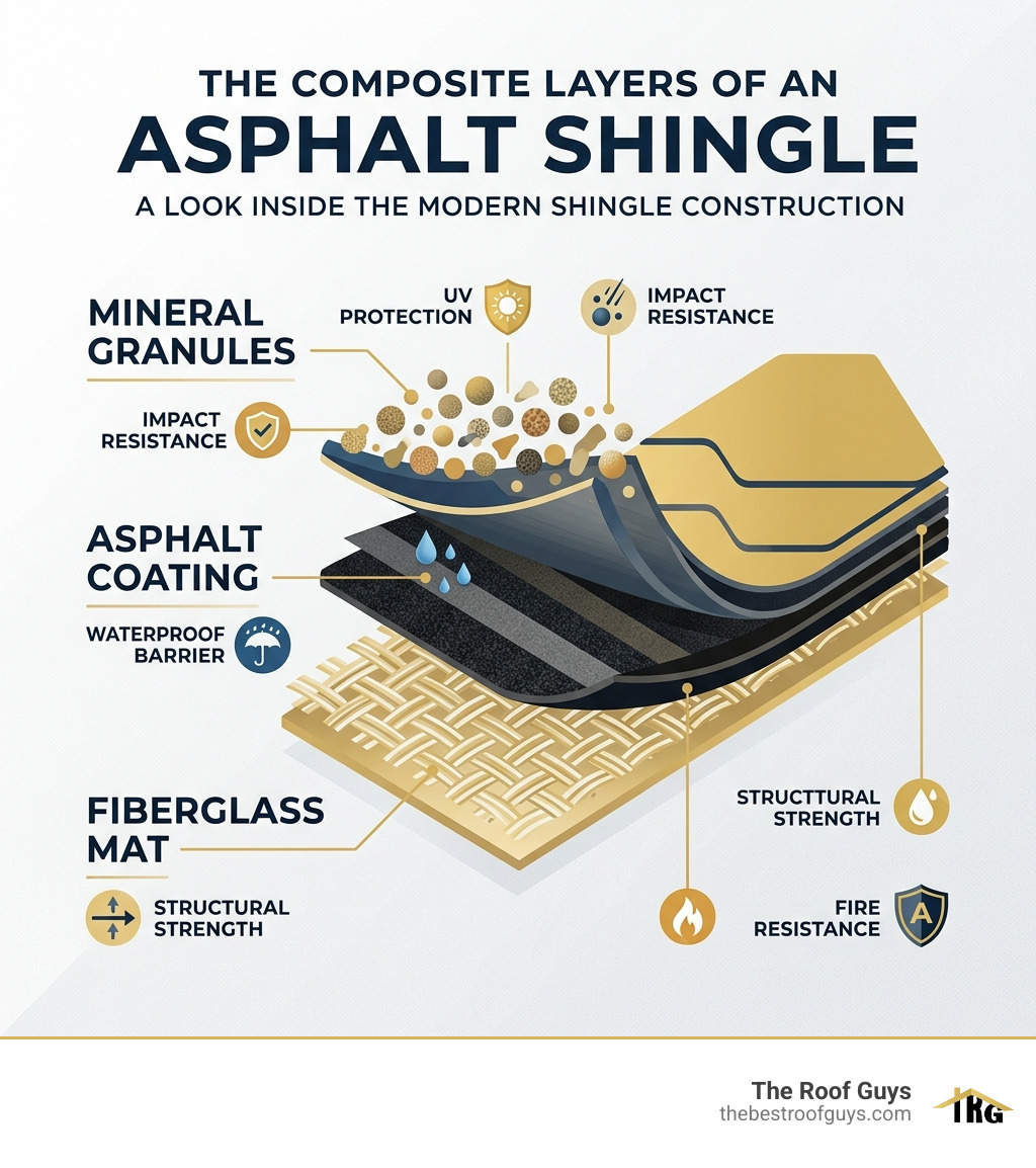 The layers of a composite asphalt shingle: fiberglass mat, asphalt coating, and mineral granules - asphalt shingle roofing
