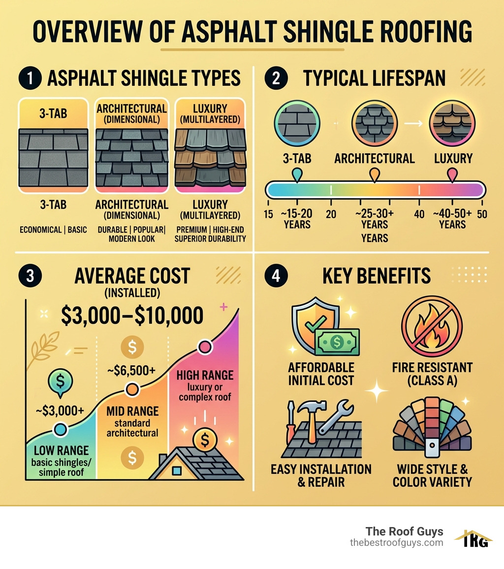 Asphalt shingle roofing types, lifespan, cost, and key benefits overview infographic - asphalt shingle roofing infographic 