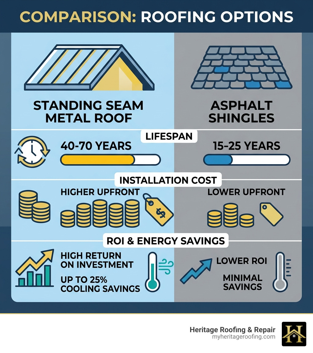 infographic comparing lifespan, cost, and ROI of standing seam metal roof vs asphalt shingles - standing seam metal roof infographic comparing lifespan, cost, and ROI of standing seam metal roof vs asphalt shingles - standing seam metal roof