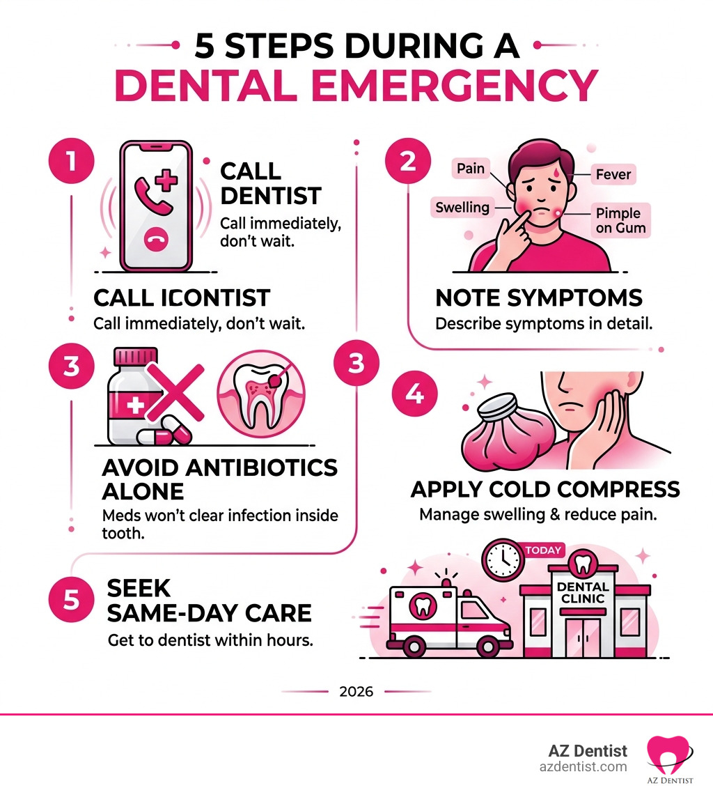 5 steps to take during a dental emergency infographic: call dentist, note symptoms, avoid antibiotics alone, apply cold